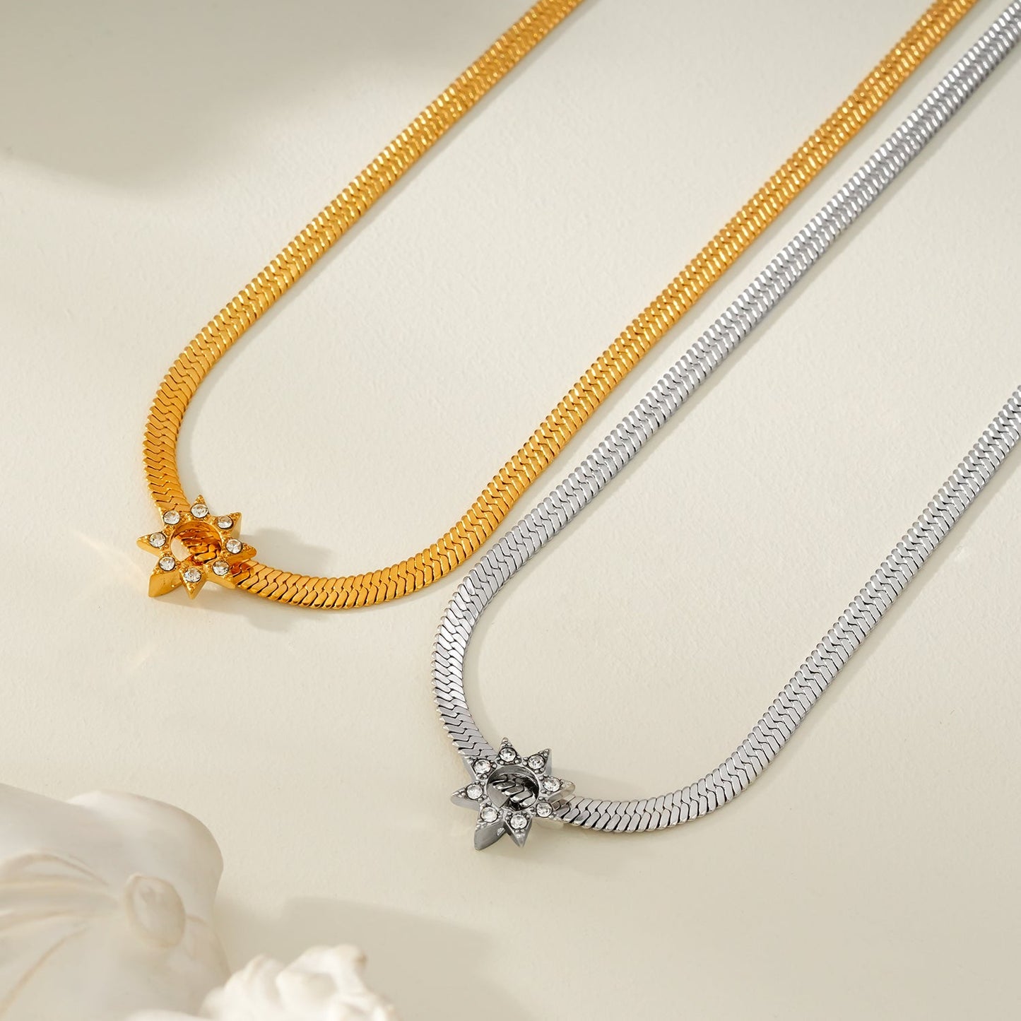 AGULHAS Gold: Celestial Elegance - Snake Skin Chain Necklace with Zirconia Embedded Star Charm