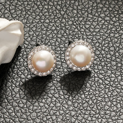 CADDA Silver (White Gold): Mini Stud Earrings with Freshwater Pearl & Pavé Zirconia Border