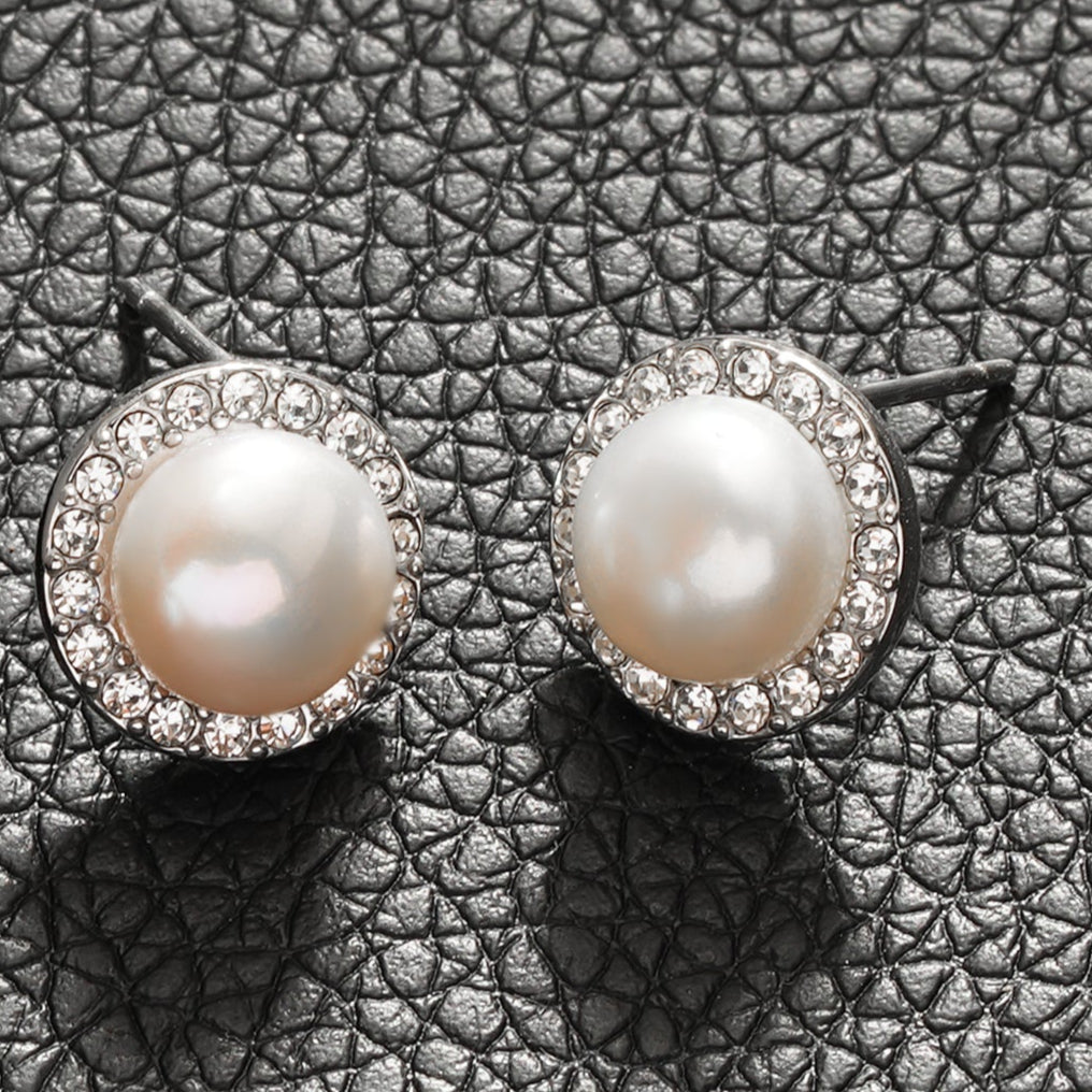 CADDA Silver (White Gold): Mini Stud Earrings with Freshwater Pearl & Pavé Zirconia Border
