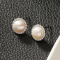 CADDA Silver (White Gold): Mini Stud Earrings with Freshwater Pearl & Pavé Zirconia Border
