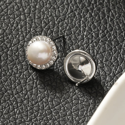 CADDA Silver (White Gold): Mini Stud Earrings with Freshwater Pearl & Pavé Zirconia Border