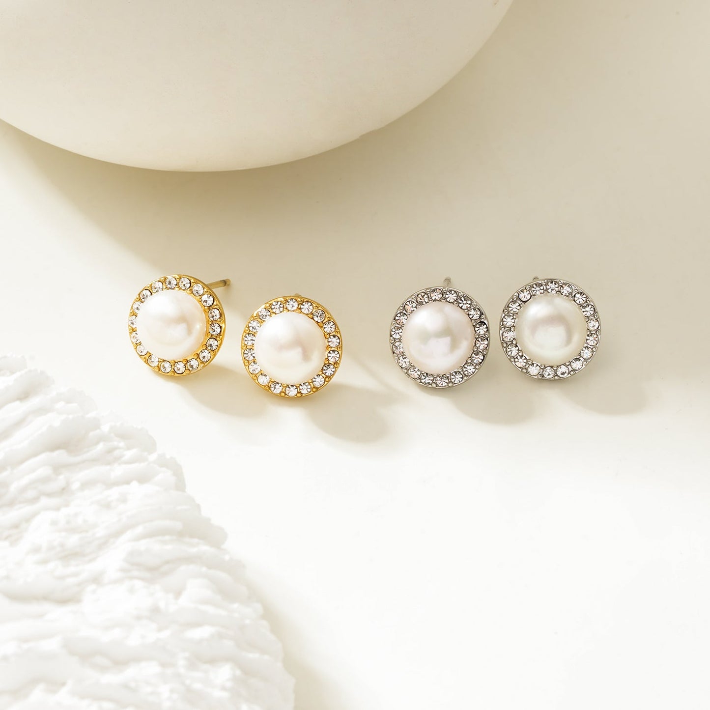 CADDA Silver (White Gold): Mini Stud Earrings with Freshwater Pearl & Pavé Zirconia Border