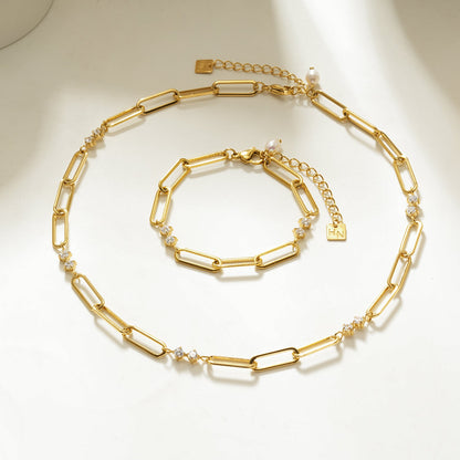 ELOPPINA Gold Necklace: Paper Clip Chain with Zirconia Accents & a Freshwater Pearl Charm