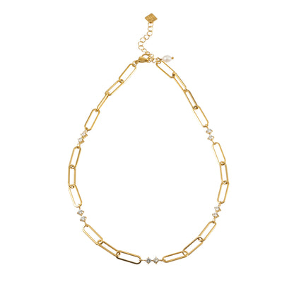 ELOPPINA Gold Necklace: Paper Clip Chain with Zirconia Accents & a Freshwater Pearl Charm