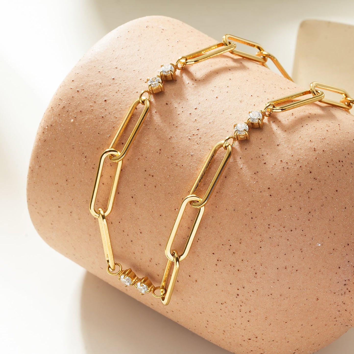 ELOPPINA Gold Necklace: Paper Clip Chain with Zirconia Accents & a Freshwater Pearl Charm