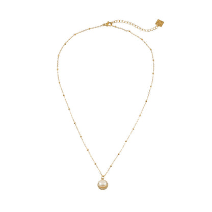 LATAHIA Gold: Beaded Chain necklace with Freshwater Pearl & Pavé Zirconia Border Pendant