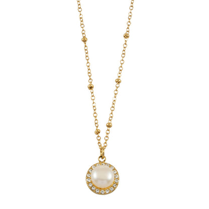 LATAHIA Gold: Beaded Chain necklace with Freshwater Pearl & Pavé Zirconia Border Pendant